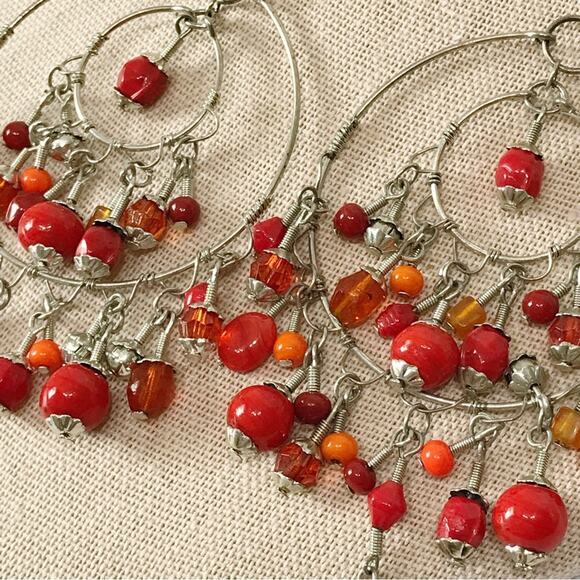 Chandelier Double Hoop Glass Bead Drop Oversized Statement Boho Tribal Earrings - Picture 11 of 13